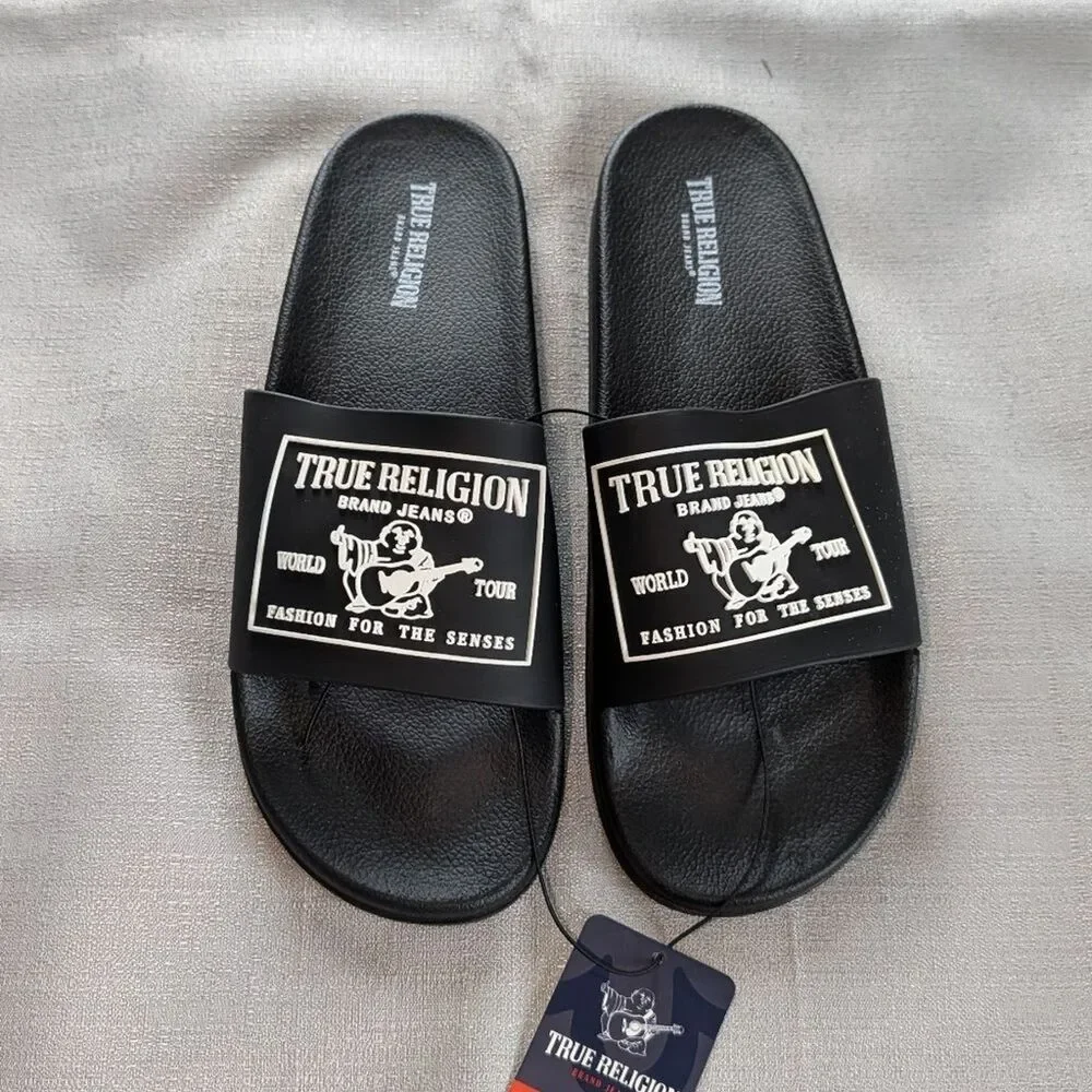 True Religion Kendrick Logo Black Slides Men's Size 11 NEW!